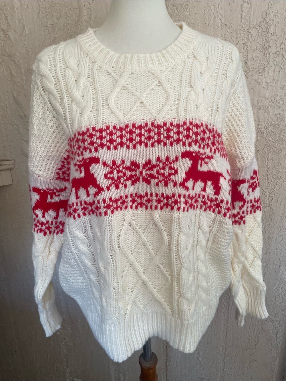 Bibi Cozy Ivory & Red Fair Isle Cable Knit Sweater
